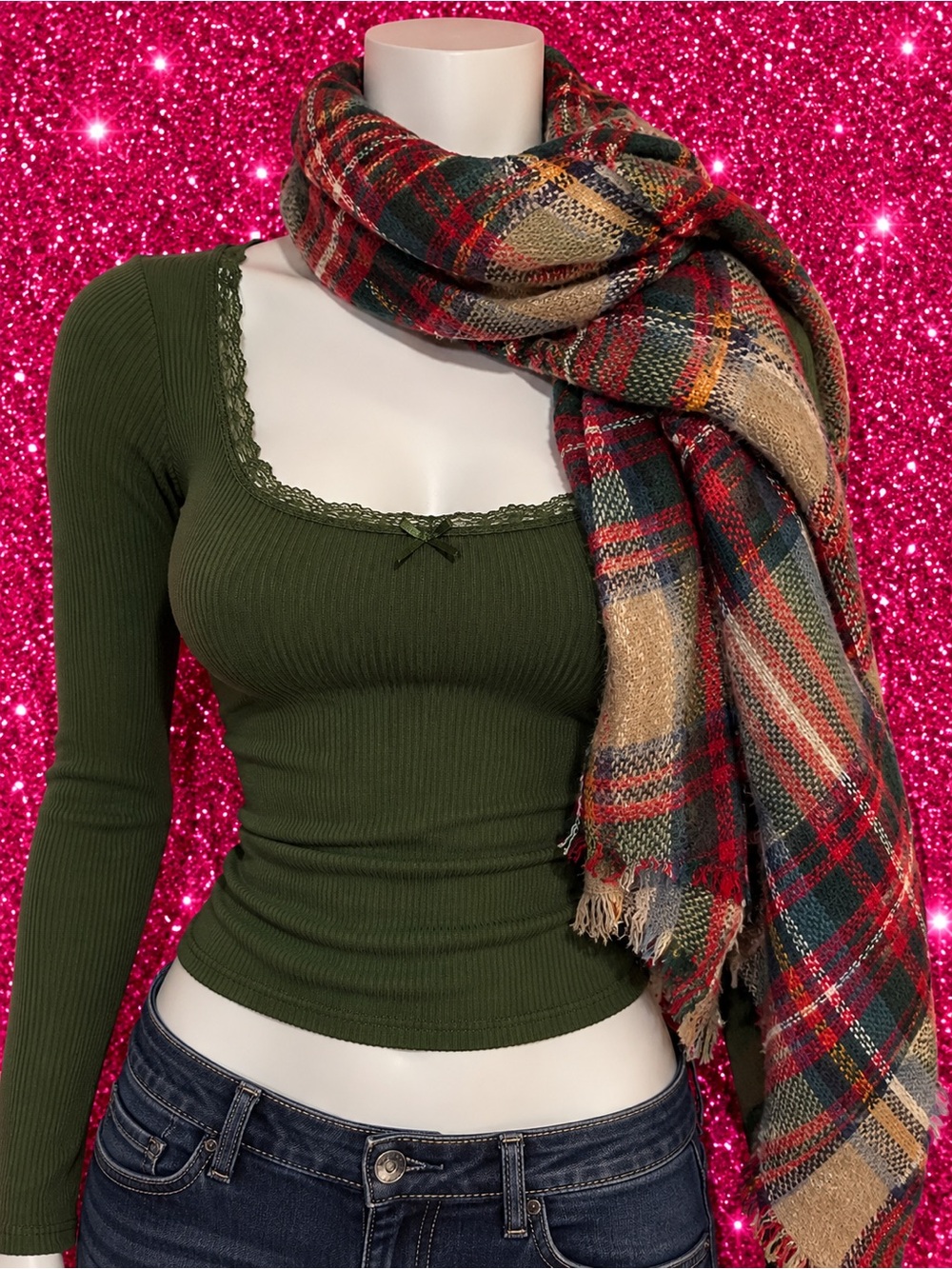 Plaid Blanket Scarf in Red, Green & Tan - Unbranded
